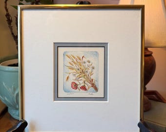 Framed floral art by unknown artist - double matted - poppies, daises, wheat with light blue background