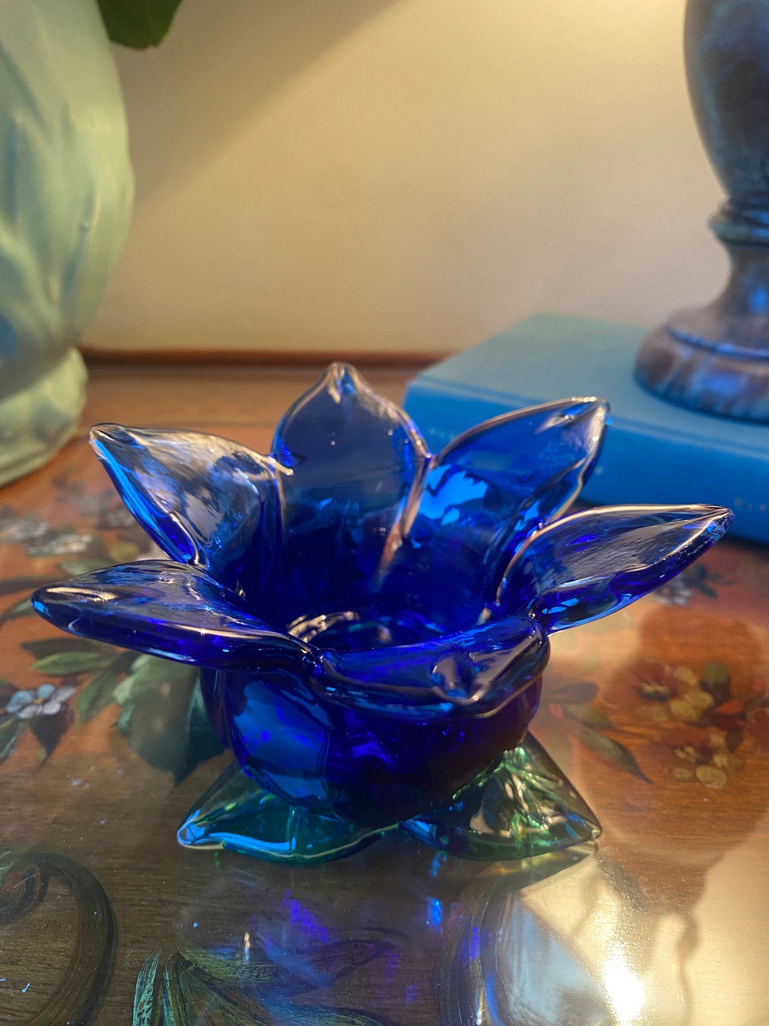 Cobalt Blue Glass Tulip Candle Holder Vintage Colored Glass Etsy