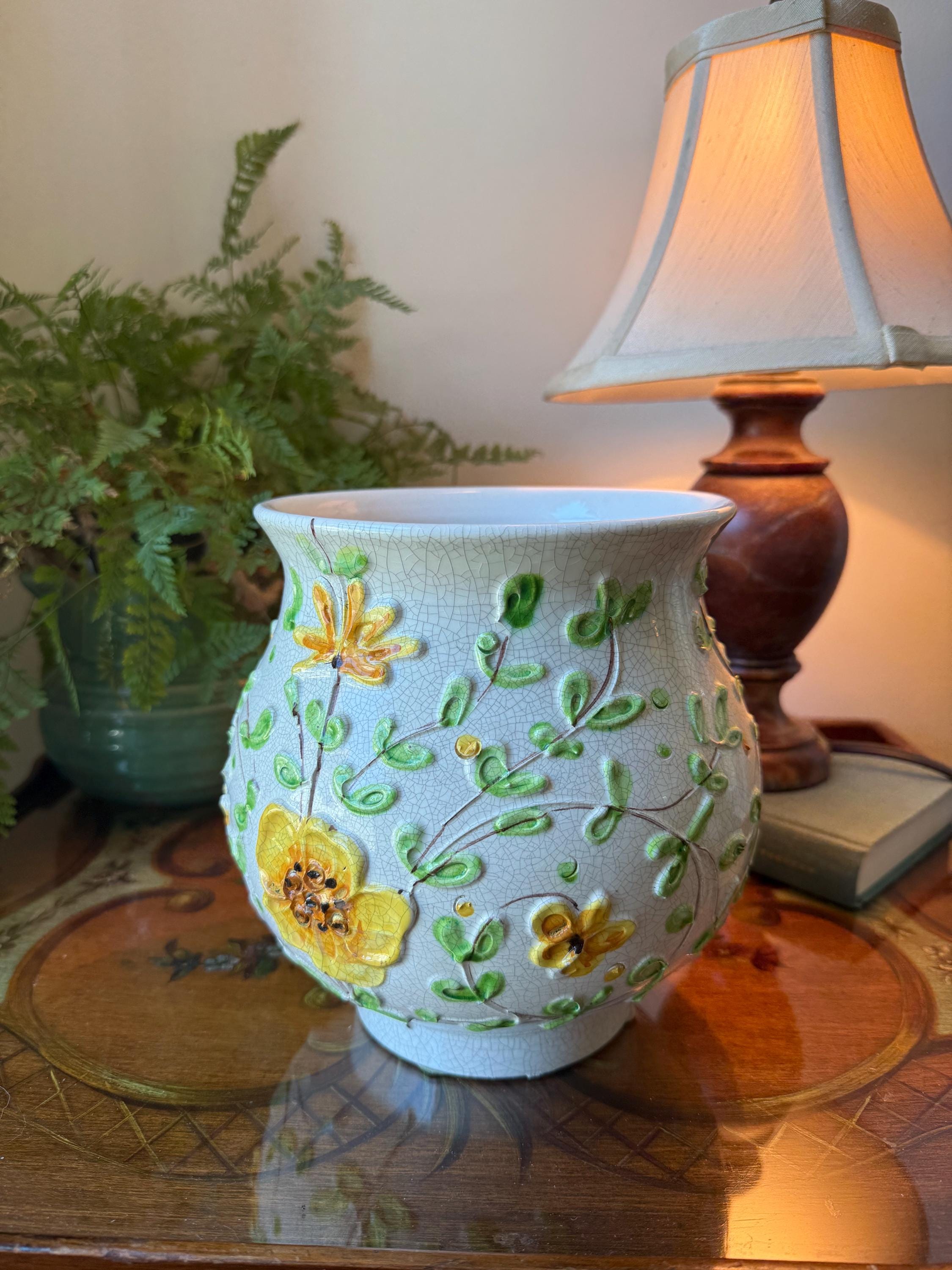 Vintage Italian Crackle Floral Vase - Made in Italy - Yellow