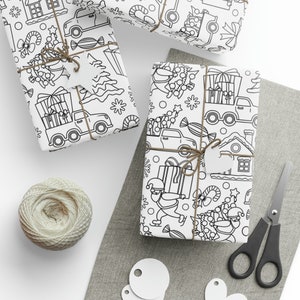 Black and White Line Art Christmas Wrapping Paper | Colorable Wrapping Paper | Unique Wrapping Paper Christmas Wrapping Paper Gift Wrap