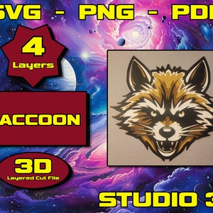 Raccoon, 3D Mandala svg, Multilayer Panel for Laser Cutting, layered SVG files for CNC router Laser or Cricut