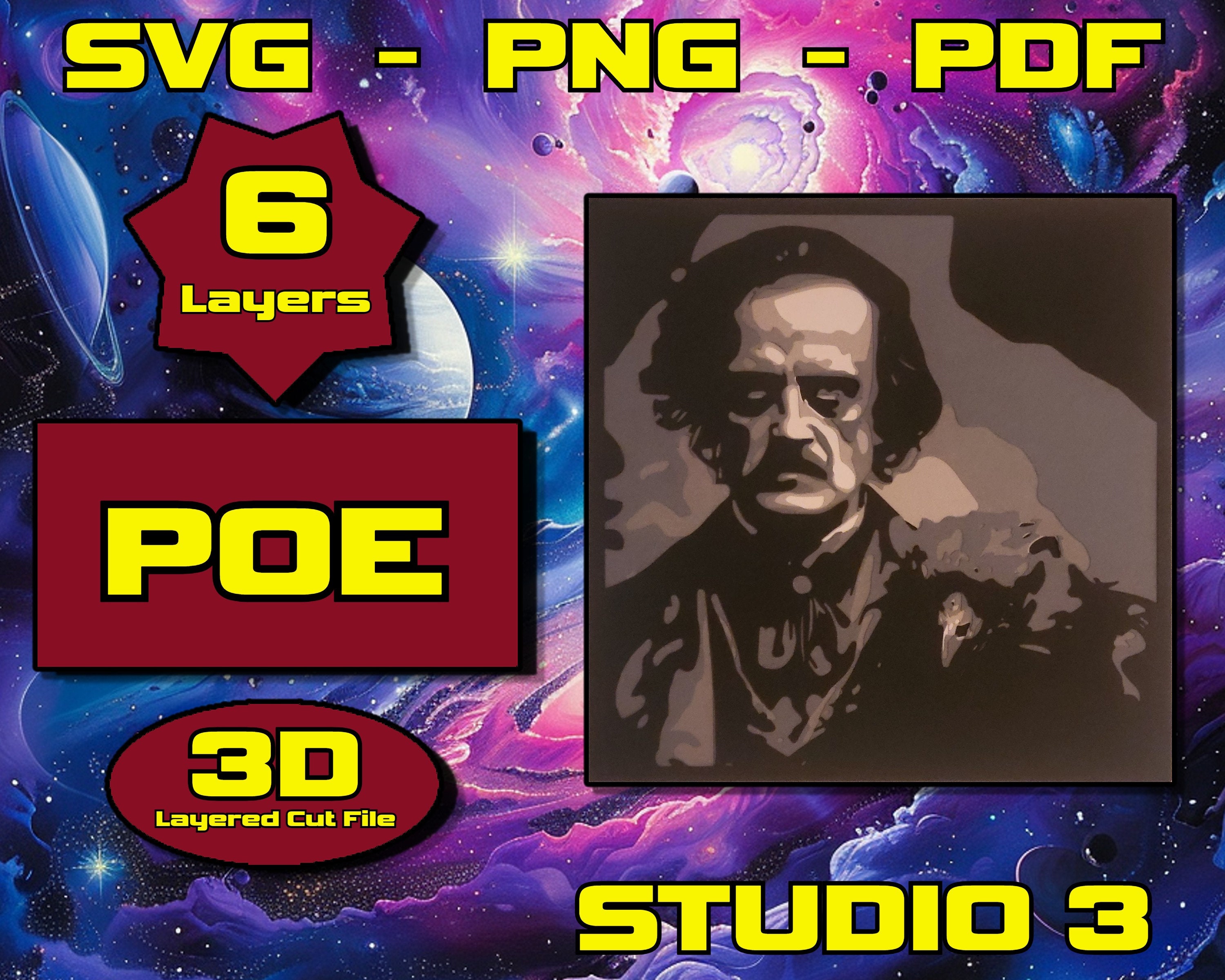 Edgar Allen Poe With Raven, 3D Mandala Svg, Multilayer Panel for Laser ...