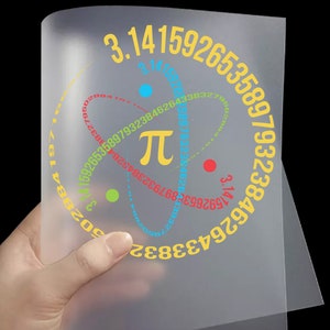 May include: A translucent sheet featuring a colorful design related to the mathematical constant Pi. The design includes the Pi symbol, the number sequence 3.14159265358979323846, and an atom-like graphic with colored dots and lines. The sheet is held by a hand.