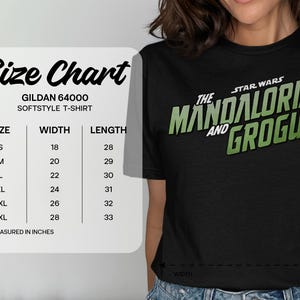 Gildan 64000 t-shirt size chart for sizes S to 3XL, measured in inches.