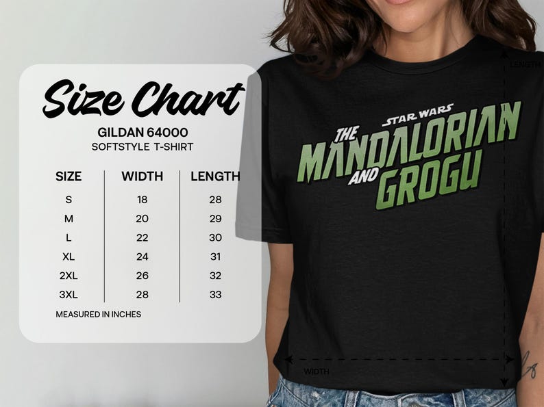 Gildan 64000 t-shirt size chart for sizes S to 3XL, measured in inches.