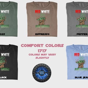 Six t-shirts in various colors with "RED WHITE AND GROGU" text.