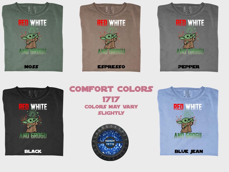 Six t-shirts in various colors with "RED WHITE AND GROGU" text.