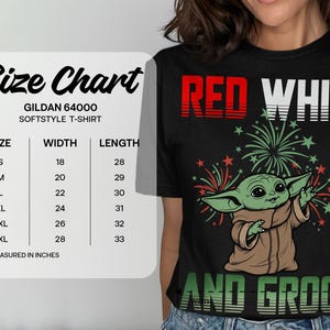 Gildan 64000 t-shirt size chart with measurements in inches for various sizes.