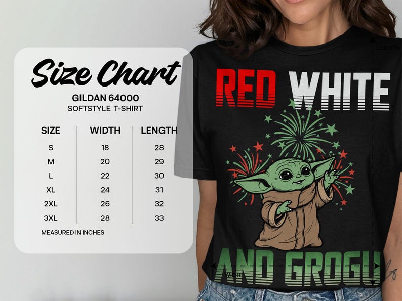 Gildan 64000 t-shirt size chart with measurements in inches for various sizes.