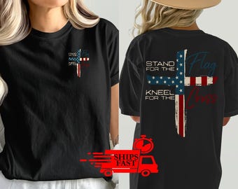Camiseta "Defiende la bandera, arrodíllate ante la cruz", camiseta cristiana con la bandera patriótica estadounidense, colores cómodos, camiseta con la bandera de EE. UU.