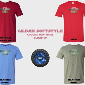 Four t-shirts featuring Grogu from The Mandalorian in red, royal blue, and two green shades.