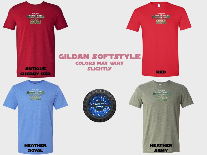 Four t-shirts featuring Grogu from The Mandalorian in red, royal blue, and two green shades.