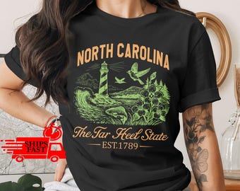 North Carolina TShirt, Tar Heel State, Comfort Colors Shirt, Est 1789, NC Lighthouse, Bird, Fish, Apparel, Gift Idea
