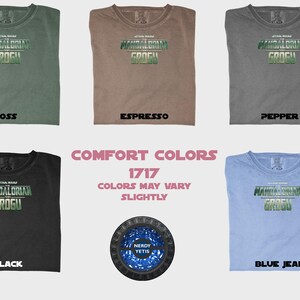Six Star Wars The Mandalorian Grogu t-shirts in Moss, Espresso, Pepper, Black, and Blue Jean colors.