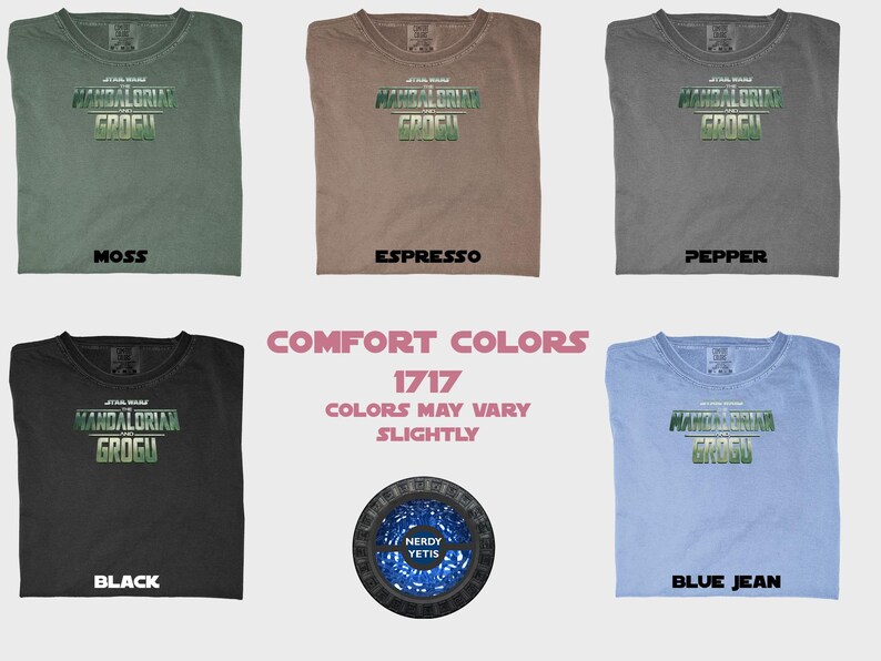 Six Star Wars The Mandalorian Grogu t-shirts in Moss, Espresso, Pepper, Black, and Blue Jean colors.
