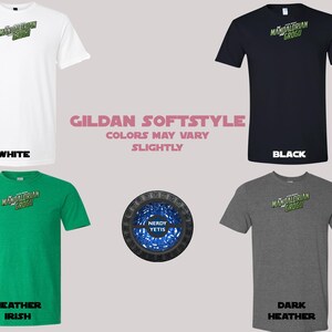 Gildan Softstyle shirts with Mandalorian Grogu graphic in white, black, green, and gray.