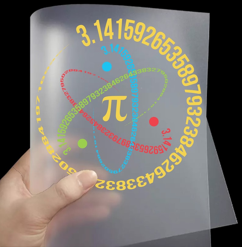 May include: A translucent sheet featuring a colorful design related to the mathematical constant Pi. The design includes the Pi symbol, the number sequence 3.14159265358979323846, and an atom-like graphic with colored dots and lines. The sheet is held by a hand.