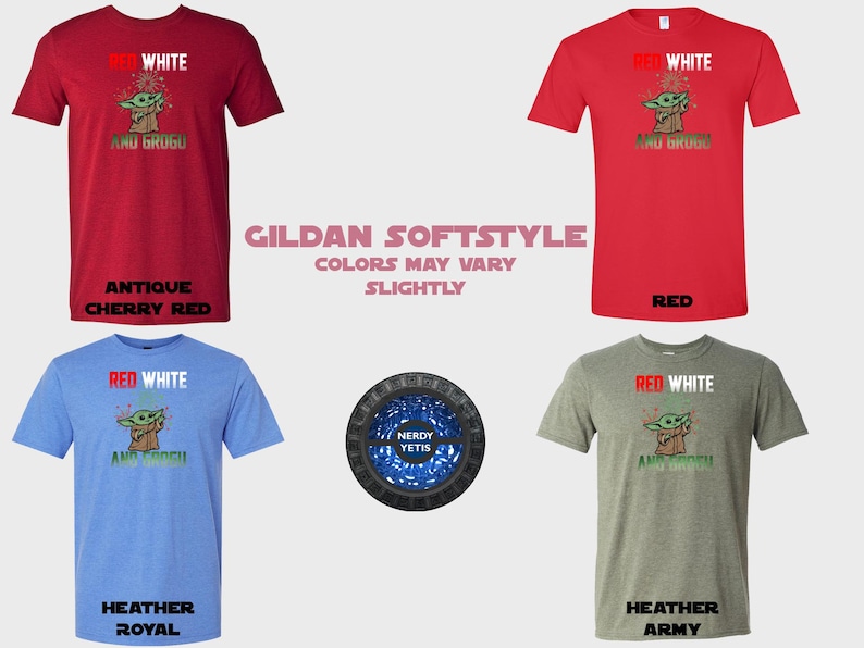 Four t-shirts with "Red White and Grogu" text and graphics.