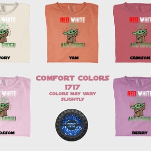 Six t-shirts featuring Grogu and "Red White and Grogu" text in various colors.