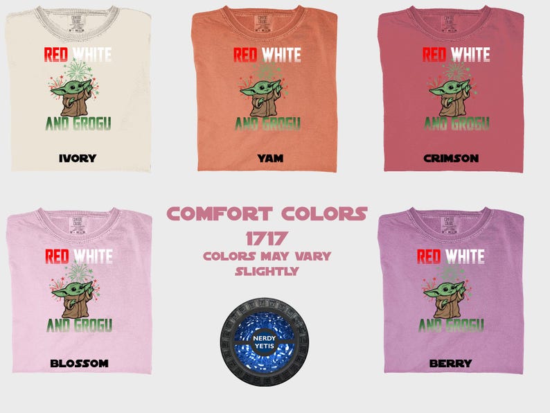 Six t-shirts featuring Grogu and "Red White and Grogu" text in various colors.