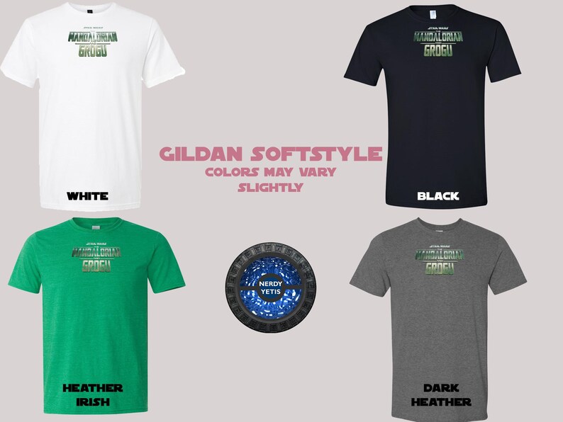 Star Wars Mandalorian Grogu t-shirts in white, black, Irish green, and dark heather.