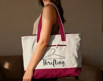 Thrift Shopping Zippered Canvas Tote, I'd Rather Be Thrifting 19L Bag, Gift for Thrifters, Vintage Finds Tote, Reseller Bag