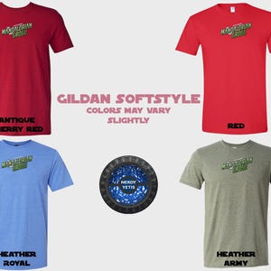 Four t-shirts with Mandalorian Grogu graphic in red, royal blue, and two shades of heather green.