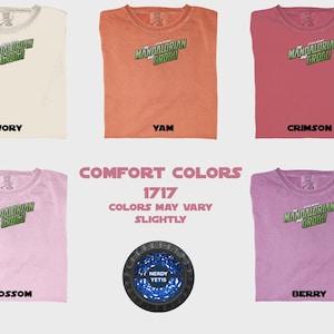 Six Comfort Colors t-shirts featuring Mandalorian and Grogu graphic.