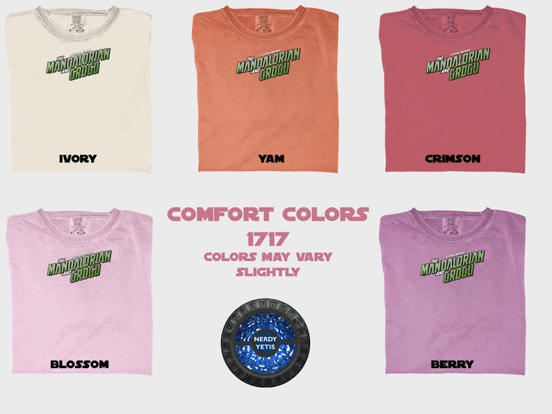 Six Comfort Colors t-shirts featuring Mandalorian and Grogu graphic.