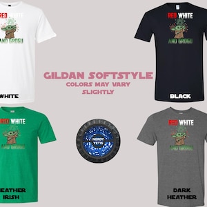 Four Gildan Softstyle t-shirts in white, black, green, and grey, each with Star Wars Grogu graphic.