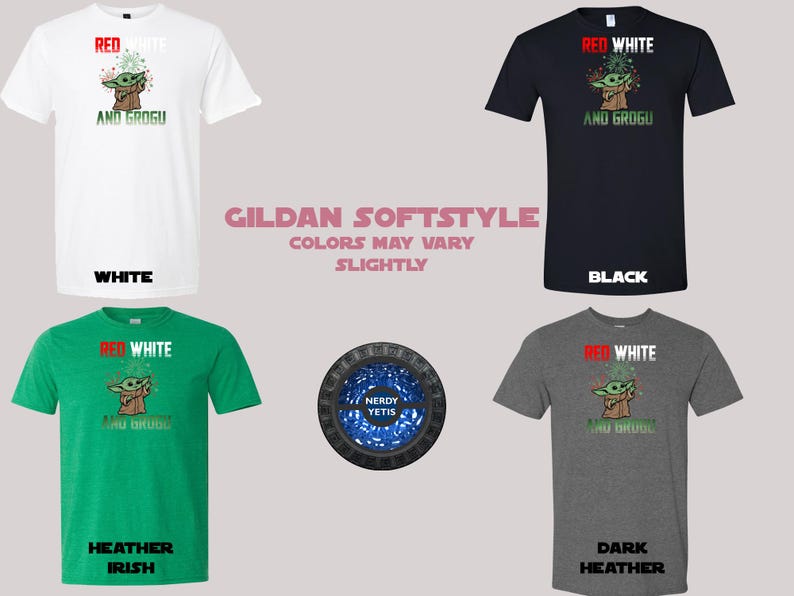 Four Gildan Softstyle t-shirts in white, black, green, and grey, each with Star Wars Grogu graphic.