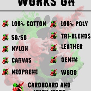 May include: A graphic with the words "WORKS ON" in bold, black letters. Below, a list of materials like cotton, poly, nylon, canvas, neoprene, cardboard, and more, is displayed with colorful accents.