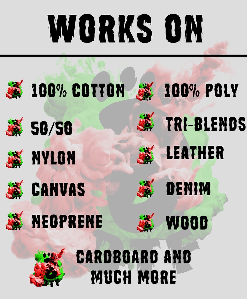 May include: A graphic with the words "WORKS ON" in bold, black letters. Below, a list of materials like cotton, poly, nylon, canvas, neoprene, cardboard, and more, is displayed with colorful accents.