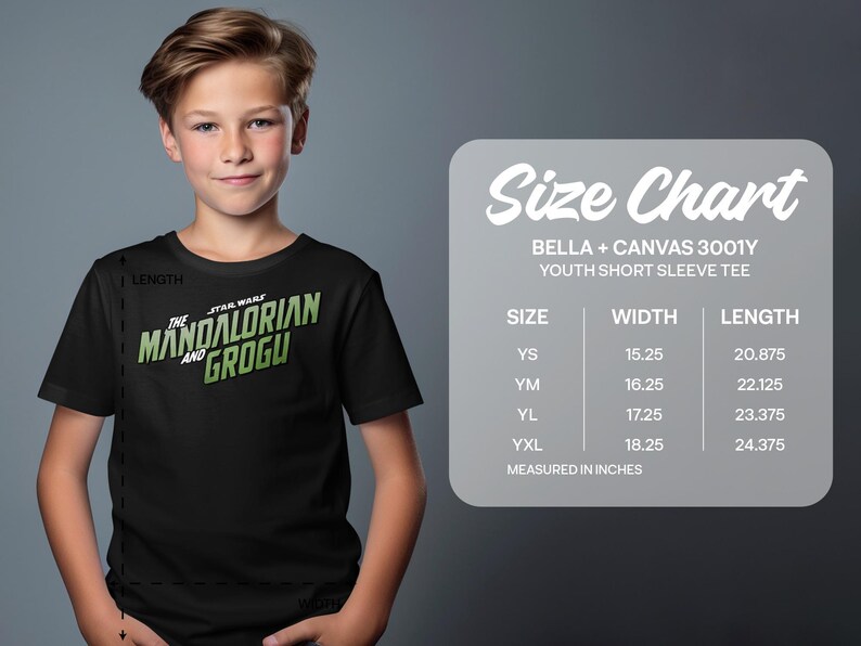 Boy in Star Wars Mandalorian Grogu t-shirt next to size chart.