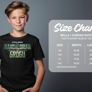 Star Wars The Mandalorian and Grogu t-shirt with size chart.