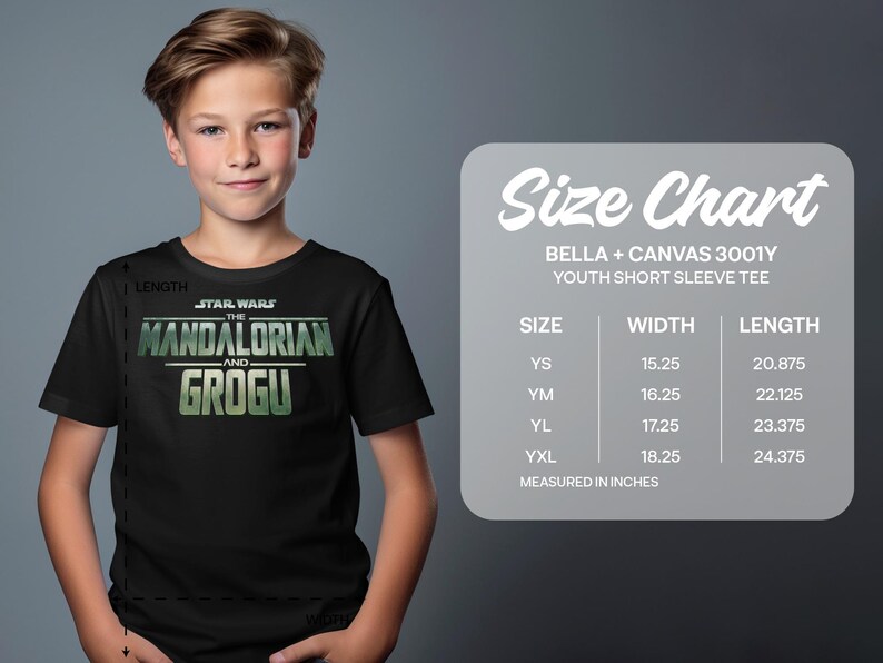 Star Wars The Mandalorian and Grogu t-shirt with size chart.