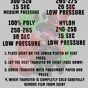 May include: A gray graphic with instructions for heat pressing various fabric types. The text includes temperature and time settings for cotton, poly, nylon, and blends. Instructions for the heat press process are also included.