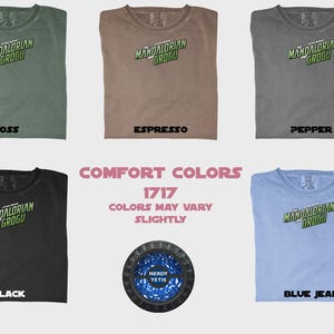 Mandalorian Grogu t-shirt in six comfort colors: Moss, Espresso, Pepper, Black, Blue Jean.