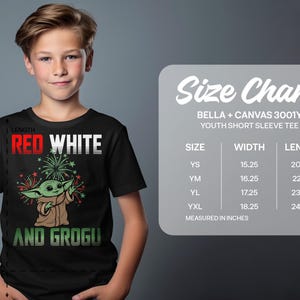 Child wearing a "Red White and Grogu" t-shirt next to a size chart.