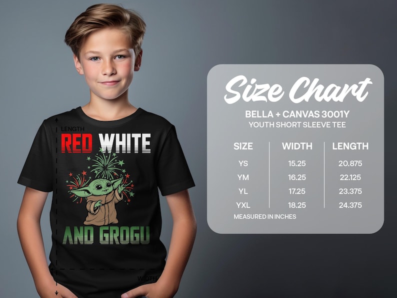 Child wearing a "Red White and Grogu" t-shirt next to a size chart.