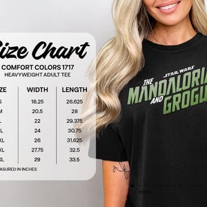 Star Wars Mandalorian and Grogu tee size chart with width and length measurements.