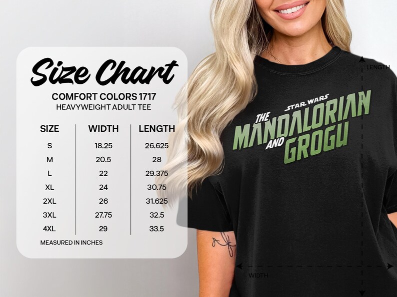 Star Wars Mandalorian and Grogu tee size chart with width and length measurements.