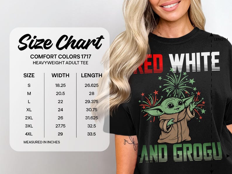 Comfort Colors 1717 heavyweight adult tee size chart with measurements.