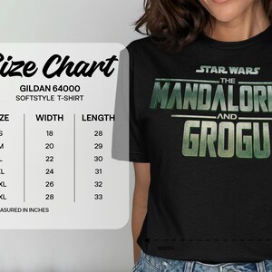 Gildan 64000 softstyle t-shirt size chart for The Mandalorian and Grogu.