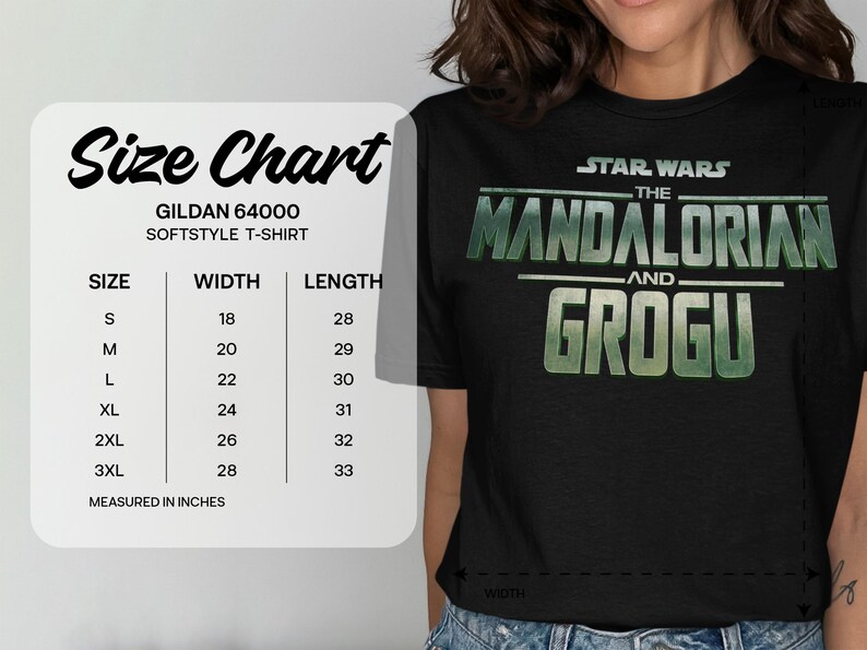 Gildan 64000 softstyle t-shirt size chart for The Mandalorian and Grogu.