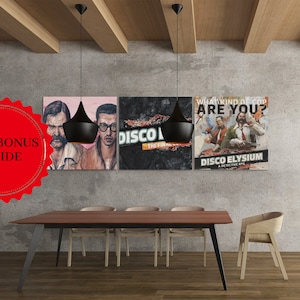 Peut inclure: Trois affiches encadrées sur le thème d'un jeu vidéo rétro. Les affiches présentent un fond bleu foncé avec des graphismes et du texte colorés. Le texte sur les affiches indique "Disco Elysium: A Detective RPG", "Disco: The Final Cut", et "What Kind of Cop Are You?"