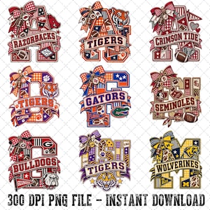 May include: A collection of nine collegiate-themed graphic designs featuring large block letters decorated with plaid bows, footballs, and team mascots. Each design includes team names like Razorbacks, Tigers, Crimson Tide, Gators, Seminoles, Bulldogs, and Wolverines.