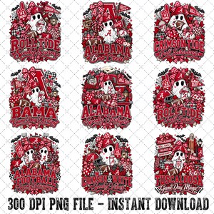 May include: A collection of nine digital graphic designs featuring white ghosts, red and white plaid patterns, footballs, and Alabama-themed text including Roll Tide, Crimson Tide, and Tuscaloosa, all arranged in a grid on a white background.