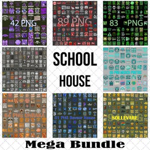 May include: A digital collection of school house graphic designs organised into nine distinct panels. Each panel features numerous individual illustrations in various colour schemes including purple, red, green, grey, teal, orange, blue, and yellow.