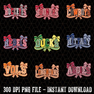 May include: A digital graphic set featuring nine collegiate team names including BUCKEYES, SOONERS, COWBOYS, REBELS, DUCKS, NITTANY, VOLS, LONGHORNS, and AGGIES. Each word is styled with plaid or houndstooth patterns, accented by decorative bows.